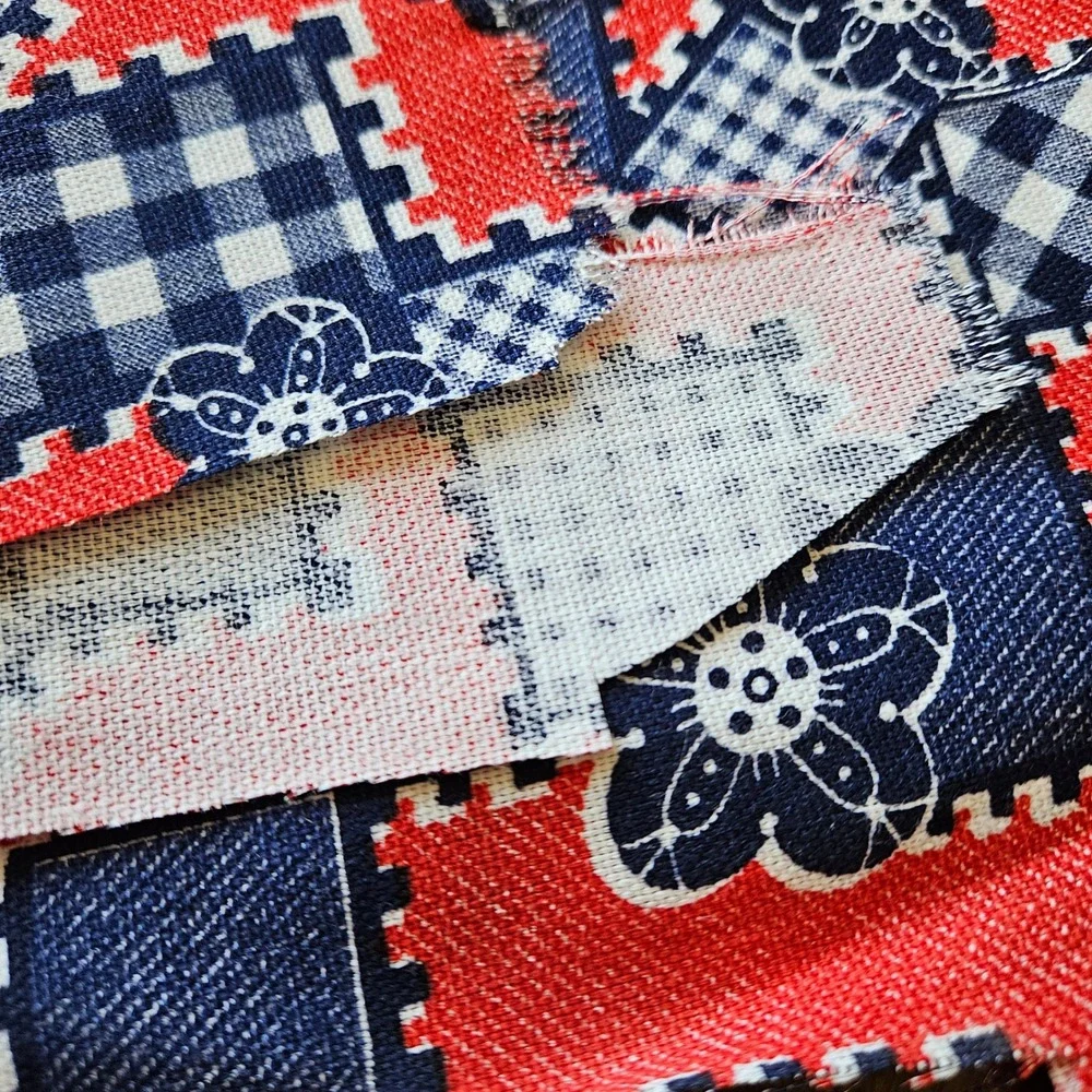 Vtg 19870s Red White‎ Blue Patchwork Floral Gingham Cotton Fabric Remnant Scrap